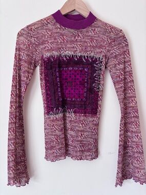 Save The Queen Purple Patterned Long-Sleeve Knit Top with Bandana Panel
